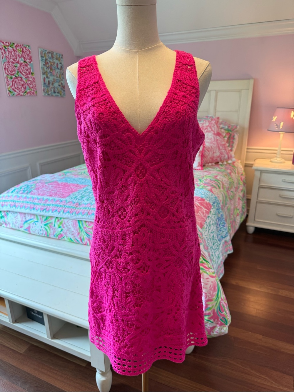 Lilly Pulitzer Hot Pink Crochet Flattering V-Neck Dress - Picture 2 of 7